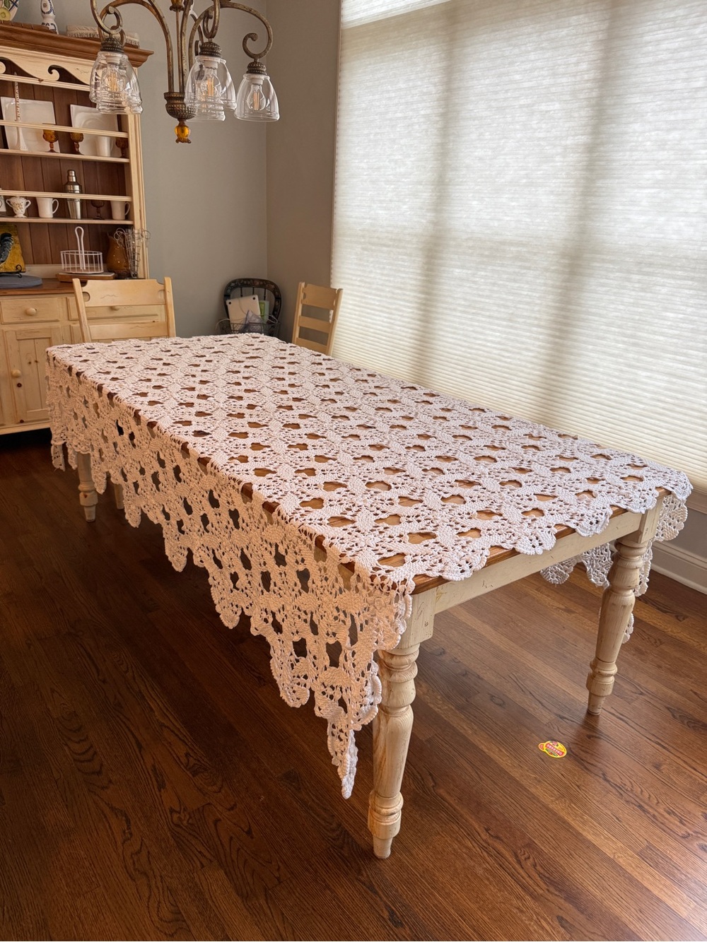 Hand Crocheted White Lace Scalloped Edge Large Tablecloth.  Cottagecore